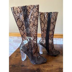 Snakeskin Look Knee-High Boots With Clear Block Heels  Size 7 Brown Wild Diva